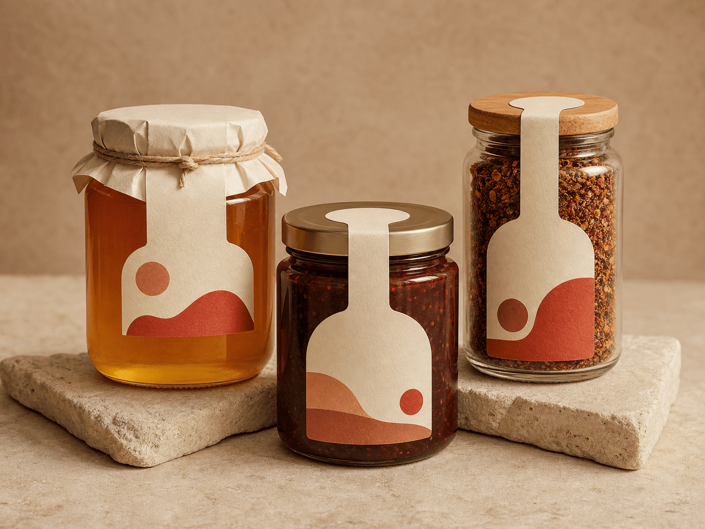 Representative artisan food label concept on unbranded jars and packaging