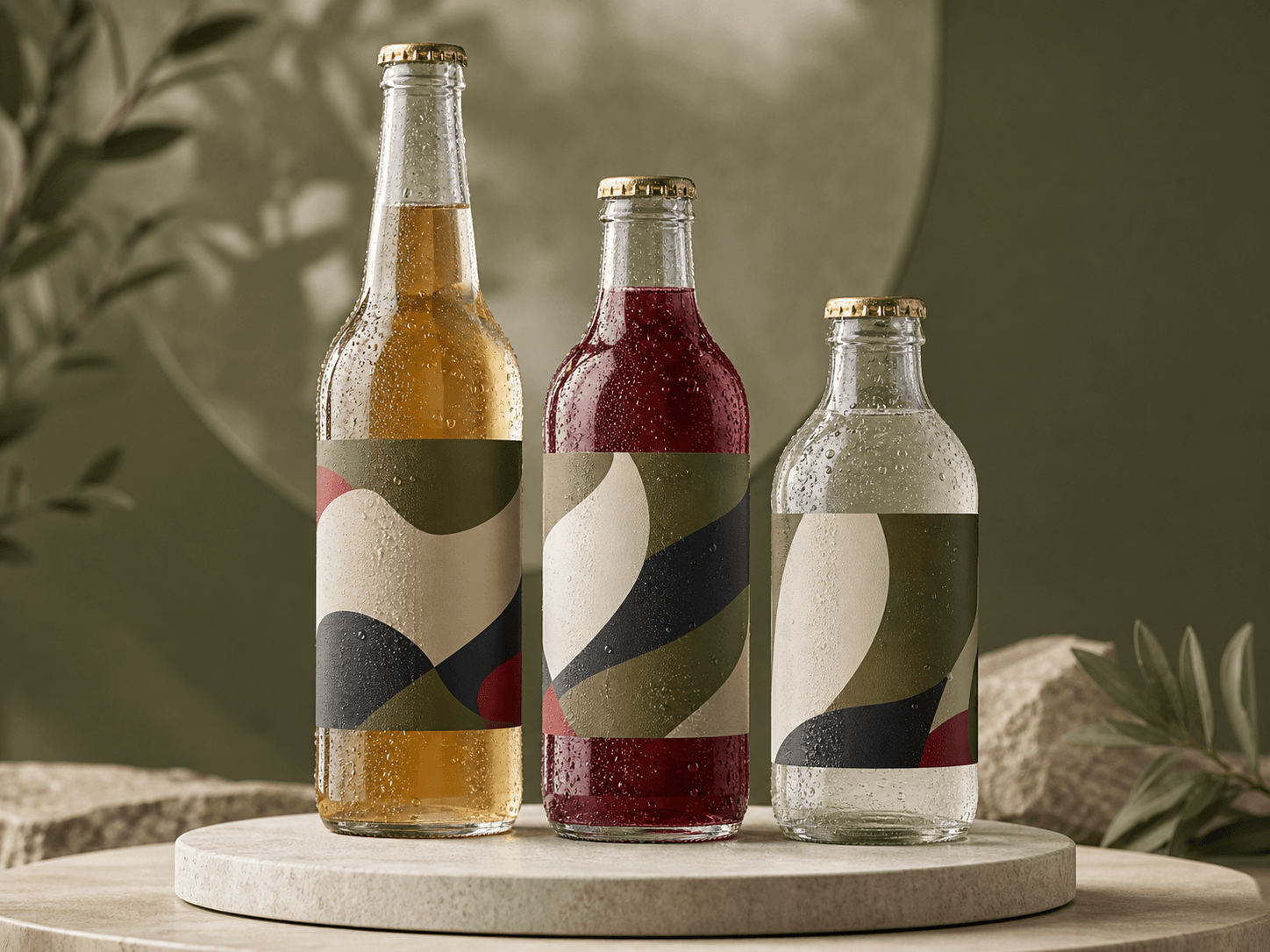 Representative wraparound beverage label concept on unbranded bottles
