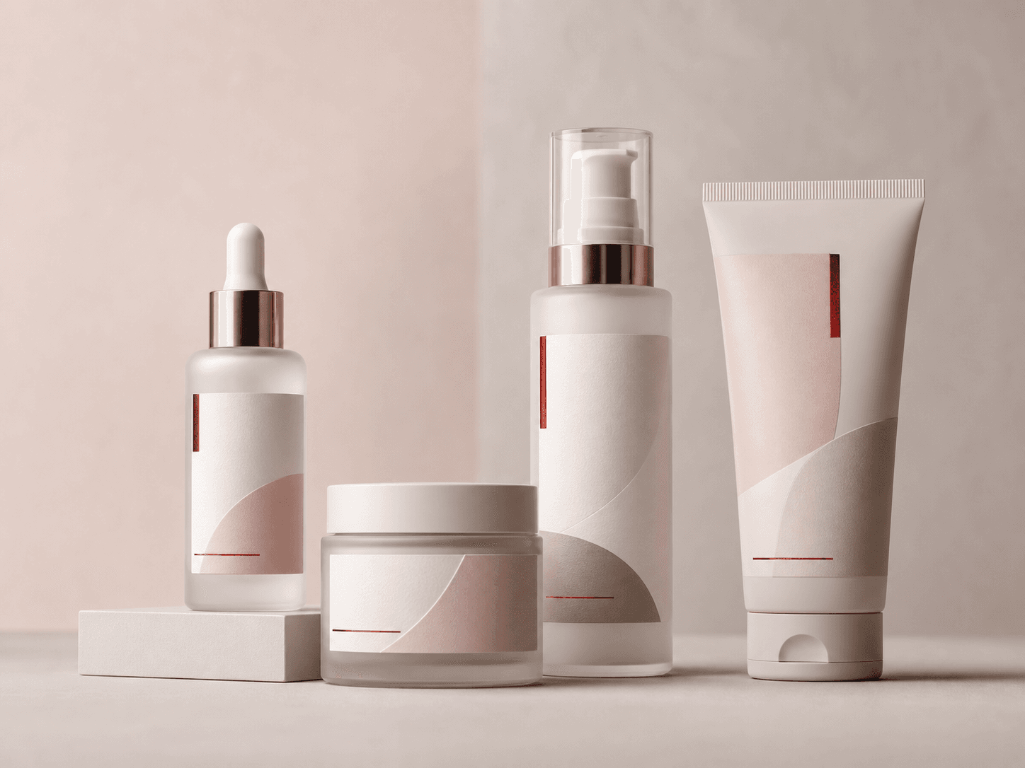 Representative skincare label concept on unbranded bottles and jars